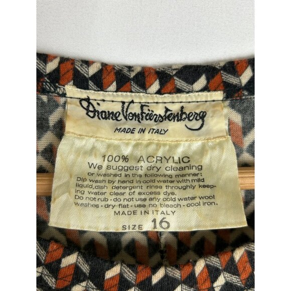 1970s Diane Von Furstenberg Womens 16 Geometric Pattern Long Sleeve Dress Italy - Picture 15 of 15